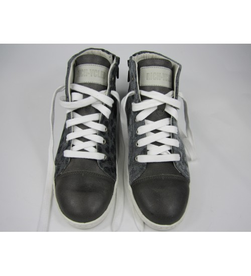 Luxury handmade sneakers grey , dark brown leather.
